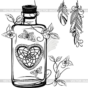 Bottle with dream catcher heart - vector image
