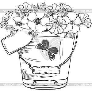 Iron Bucket with Flowers - vector clipart