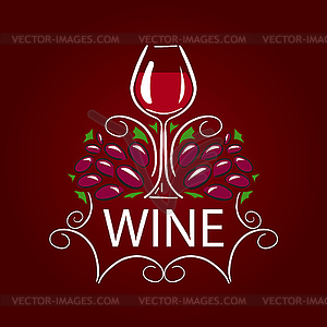 Logo glass of wine and grapes on burgundy background - vector clip art