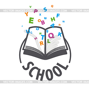 Логотип открытая книга и летать разноцветные буквы - цветной векторный клипарт