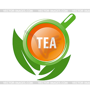 Logo mug tea and green leaves - vector clip art