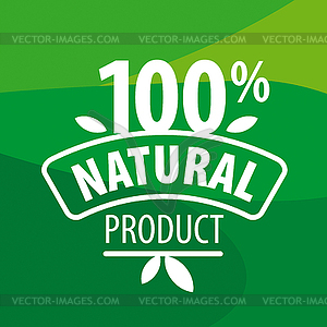 Логотип для 100% натуральных продуктов на зеленом фоне - векторизованное изображение клипарта