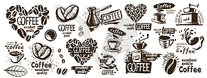 Large set of drawn logos and coffee elements - vector image