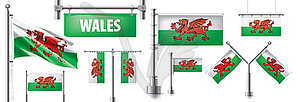 Set of national flag of Wales in various creative - royalty-free vector image