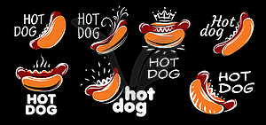 Set of drawn hot dogs on black background - vector image