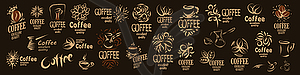 Large set of drawn logos and coffee elements - vector image