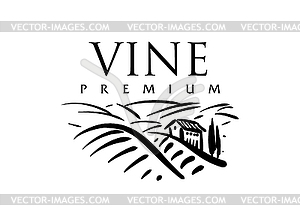 Логотип нарисован вручную. Пейзаж виноградников для - векторное изображение EPS