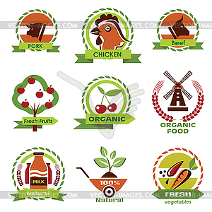 Farm food, agriculture icons, labels collection, set - vector image