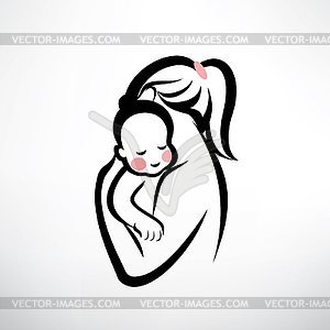 Mother and her baby silhouette, symbol - vector image
