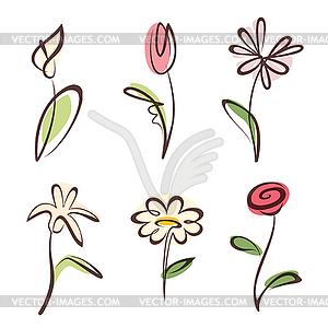 Outlined flower collection, design elements set - vector image