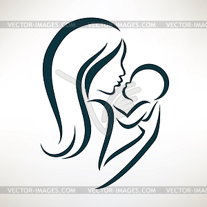 Mom and baby stylized symbol, outlined sketch - vector image