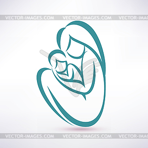 Young mom hugs her baby, stylized symbol - vector clipart