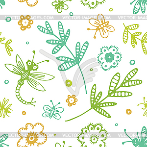 Abstract seamless background, flowers and insects - vector image