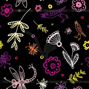 Abstract seamless background, flowers, birds and - vector image