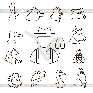 Farm animals linear icons set, thin lines - vector clipart