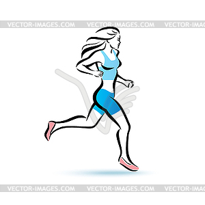 Running woman silhouette, outlined sketch, fitness - vector image