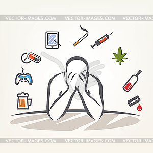 Addict man and set of addiction symbols, outlined - vector image