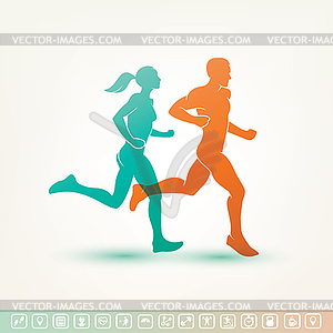 Running man and woman silhouette, fitness tracker - color vector clipart
