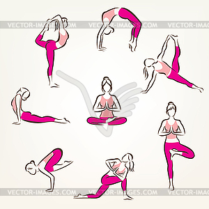 Set of yoga and pilates poses symbols, stylized - stock vector clipart