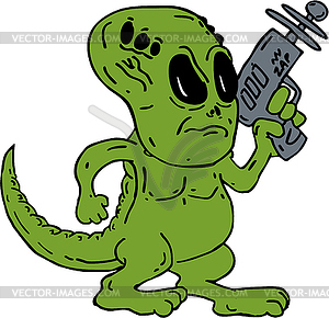Alien Dinosaur Holding Ray Gun Cartoon - vector clip art