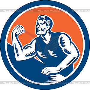 Arm Wrestling Champion Woodcut Circle - vector image