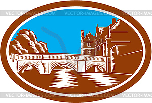 Trinity College Bridge Cambridge Woodcut - vector image