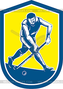 Field Hockey Player Running With Stick Shield Retro - vector clipart