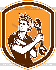Female Mechanic Spanner Shield Retro - vector clip art