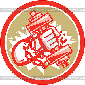 Hand Holding Dumbbell Chains Circle Retro - royalty-free vector clipart