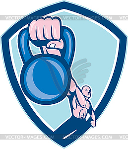 Weightlifter Lifting Kettlebell Shield Cartoon - vector clipart / vector image