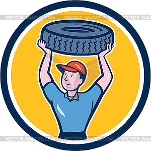 Tireman Mechanic With Tire Cartoon Circle - color vector clipart