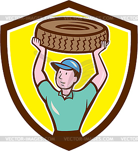 Tireman Mechanic With Tire Cartoon Shield - vector clipart