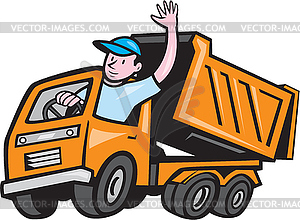 Dump Truck Driver Waving Cartoon - vector clipart