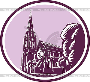 Christchurch Cathedral Woodcut Retro - color vector clipart