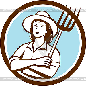 Female Organic Farmer Pitchfork Circle Retro - vector image