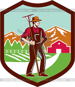 Organic Farmer Rake Woodcut Shield Retro - vector image