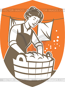 Housewife Washing Laundry Vintage Retro - vector clip art