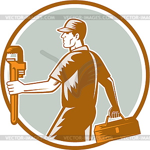 Plumber Carry Toolbox Wrench Circle Woodcut - vector clipart