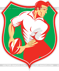 Rugby Player Passing Ball Shield Retro - vector image