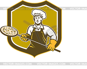 Pizza Maker Holding Peel Shield Retro - vector image