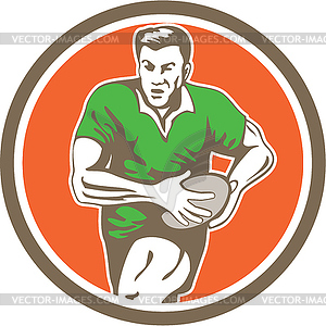 Rugby Player Running Ball Circle Retro - vector image