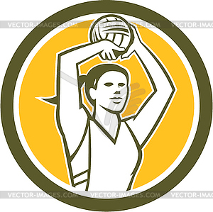 Netball Player Shooting Ball Circle Retro - vector image