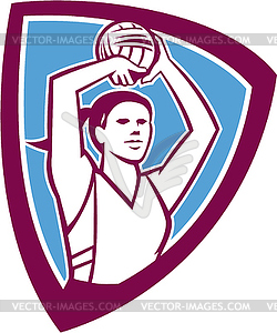 Netball Player Shooting Ball Shield Retro - vector image