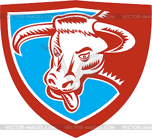 Angry Texas Longhorn Bull Head Shield Woodcut - vector image