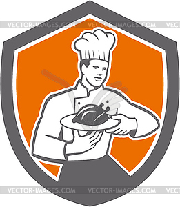 Chef Cook Serving Chicken Platter Shield Retro - vector clipart