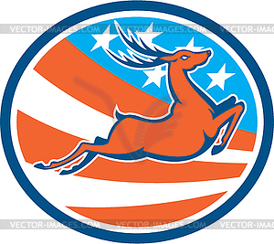 Deer Stag Buck Jumping USA Flag Circle - vector clipart