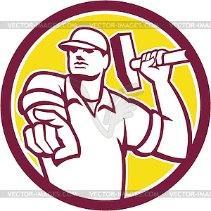 Demolition Worker Hammer Pointing Circle Retro - vector clip art