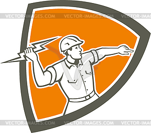 Electrician Holding Lightning Bolt Shield Retro - vector image