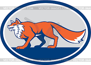 Red Fox Pouncing Side Oval Retro - color vector clipart