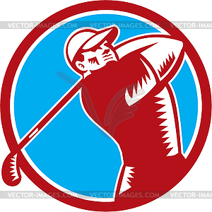 Golfer Tee Off Golf Circle Woodcut - vector image